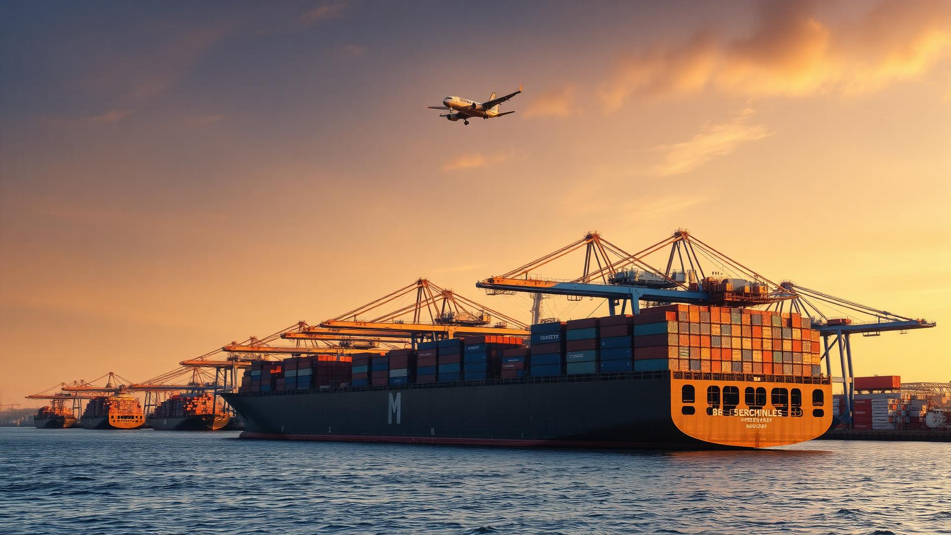Container ship being loaded at port with a cargo plane overhead